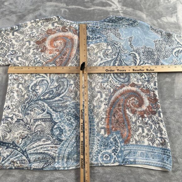 Chico's Pullover Womens 2 Blue Orange Paisley Print Side Button Sweater Knit - Picture 8 of 16